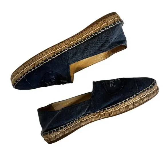Prada Logo Blue Denim Espadrilles Size 37 Designer Slip On Flats Authentic - Picture 9 of 12
